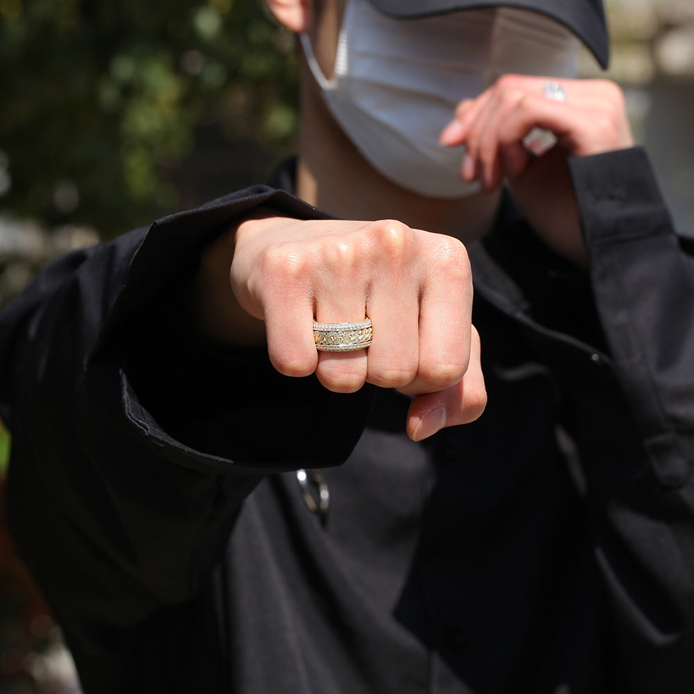 Iced Out Rotatable Cuban Ring In Real Gold Plated Copper 3A Cubic Zirconia Hip Hop Jewelry Spinner Ring For Men Gift