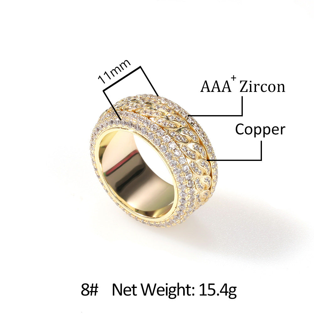 Iced Out Rotatable Cuban Ring In Real Gold Plated Copper 3A Cubic Zirconia Hip Hop Jewelry Spinner Ring For Men Gift