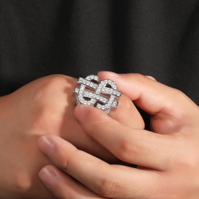 Hip Hop Dollar Sign Ring for Men, Iced Out Cubic Zirconia Ring, Punk Rock Style