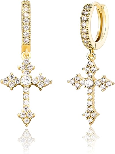 Cross Hoop Dangle Earrings 14K Gold Plated 5A+ Cubic Zirconia Cartilage Hypoallergenic Sterling Silver Cross Dangle Drop Earrings For Men Women