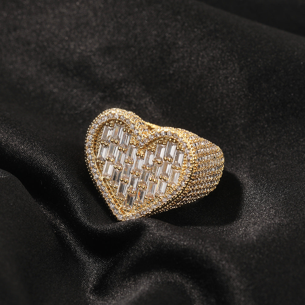 Iced Out Baguette Cz Diamond Heart Ring Jewelry, All Match Bling Bling Dainty Gold Pinky Ring Party Rose Gold Love Women Luxury Jewelry