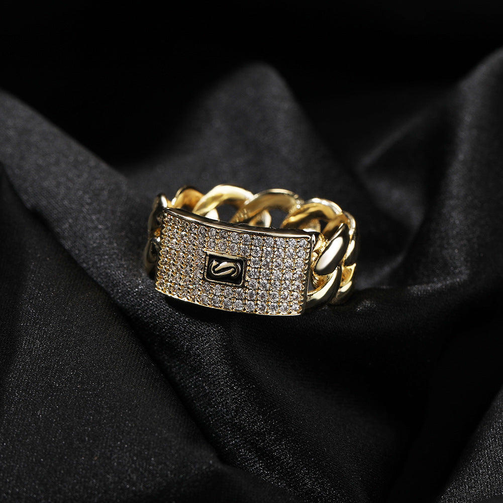 Hip Hop Rapper 5A+ Cz Stone Paved Ice Out Cuban Chain Finger Rings for Men Jewelry Gold Color