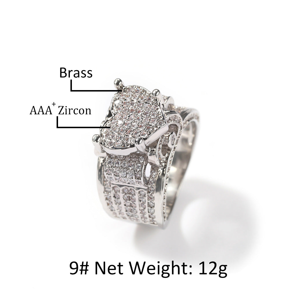 Luxury Men's Ring with AAA Zircon Crystal, Brass Band, 12g Net Weight, Silver