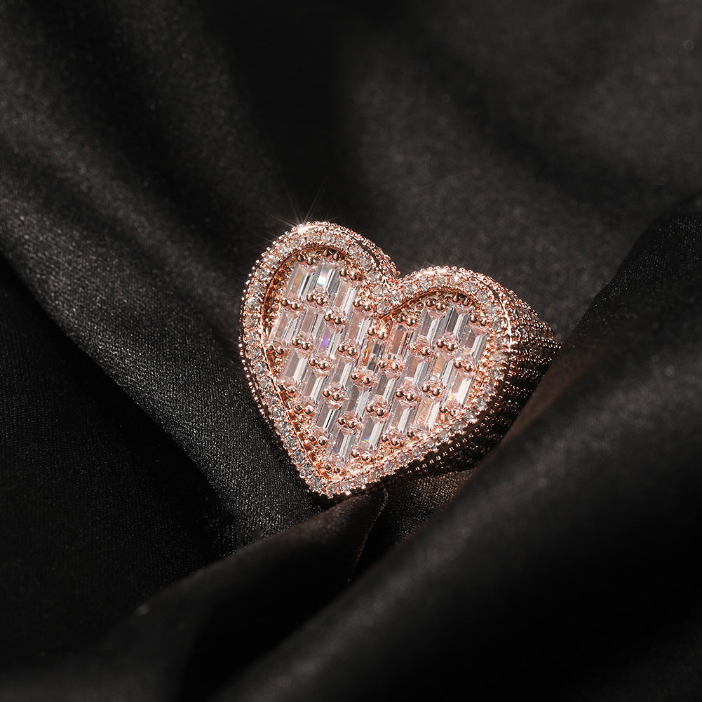 Iced Out Baguette Cz Diamond Heart Ring Jewelry, All Match Bling Bling Dainty Gold Pinky Ring Party Rose Gold Love Women Luxury Jewelry