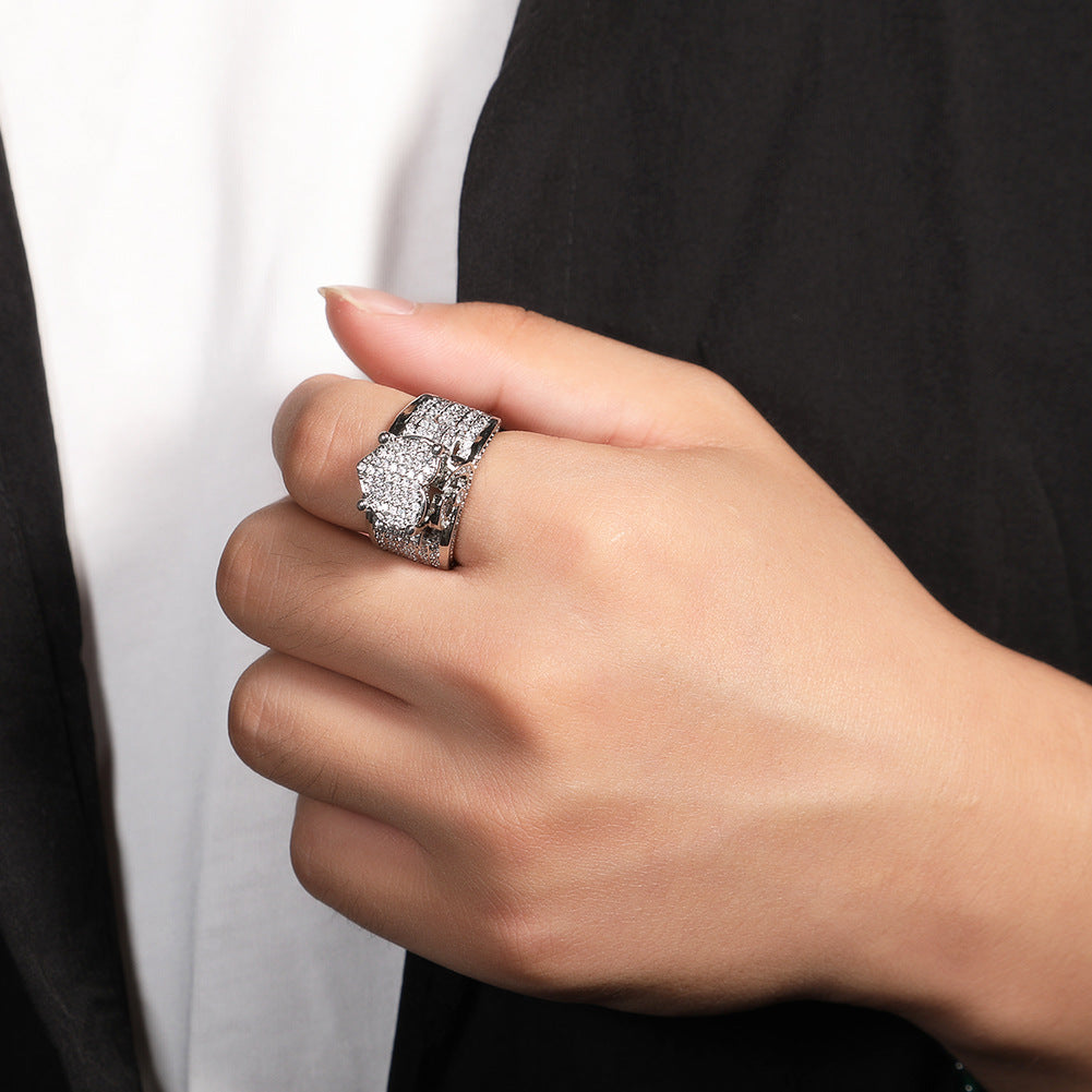 Luxury Men's Ring with AAA Zircon Crystal, Brass Band, 12g Net Weight, Silver