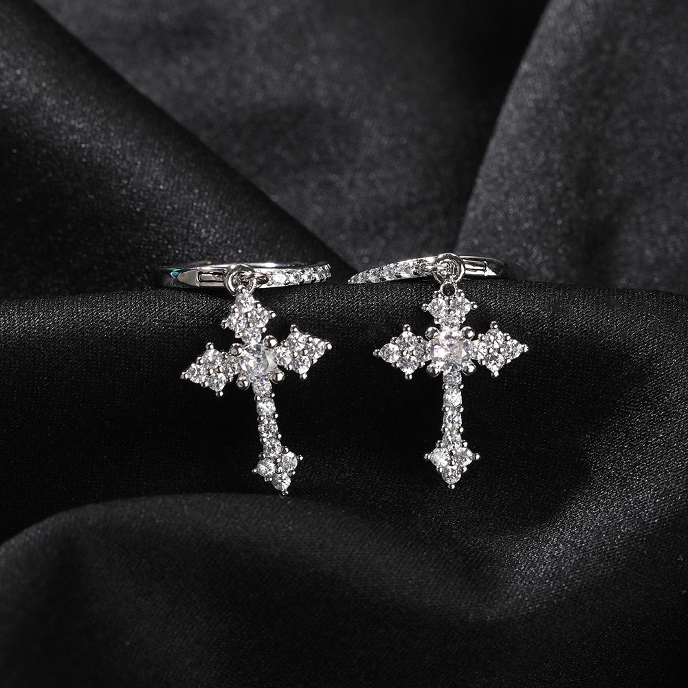 Cross Hoop Dangle Earrings 14K Gold Plated 5A+ Cubic Zirconia Cartilage Hypoallergenic Sterling Silver Cross Dangle Drop Earrings For Men Women