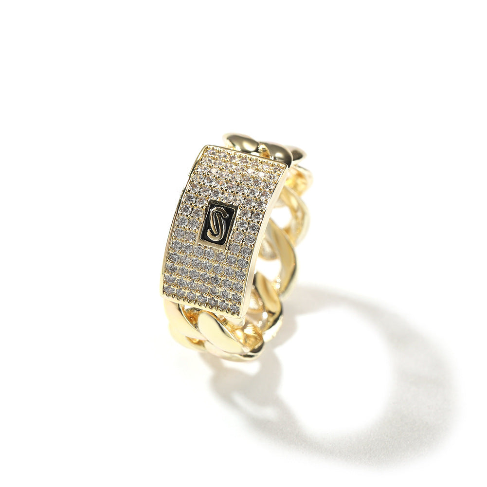 Hip Hop Rapper 5A+ Cz Stone Paved Ice Out Cuban Chain Finger Rings for Men Jewelry Gold Color