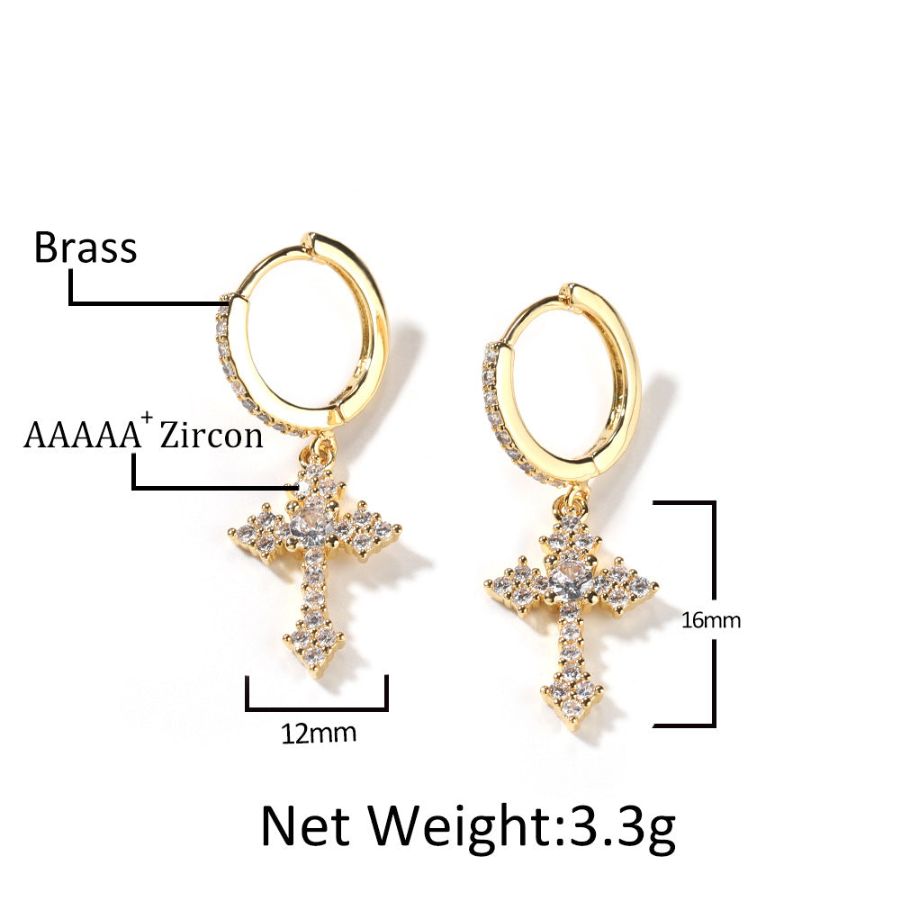 Cross Hoop Dangle Earrings 14K Gold Plated 5A+ Cubic Zirconia Cartilage Hypoallergenic Sterling Silver Cross Dangle Drop Earrings For Men Women