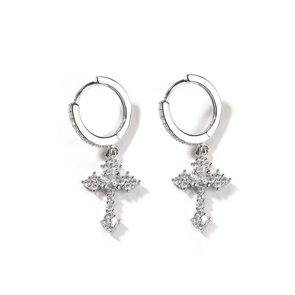 Cross Hoop Dangle Earrings 14K Gold Plated 5A+ Cubic Zirconia Cartilage Hypoallergenic Sterling Silver Cross Dangle Drop Earrings For Men Women