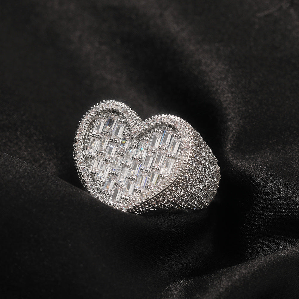 Iced Out Baguette Cz Diamond Heart Ring Jewelry, All Match Bling Bling Dainty Gold Pinky Ring Party Rose Gold Love Women Luxury Jewelry
