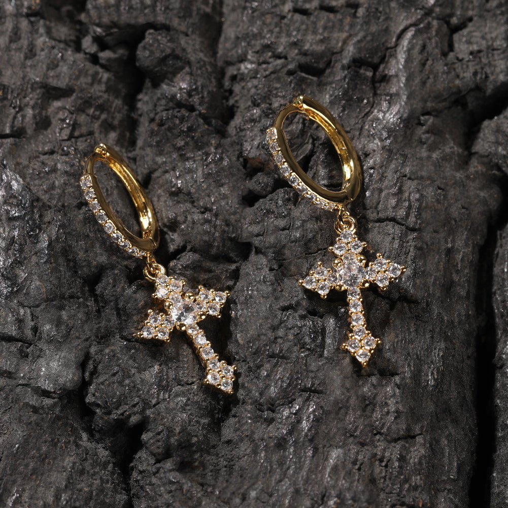 Cross Hoop Dangle Earrings 14K Gold Plated 5A+ Cubic Zirconia Cartilage Hypoallergenic Sterling Silver Cross Dangle Drop Earrings For Men Women
