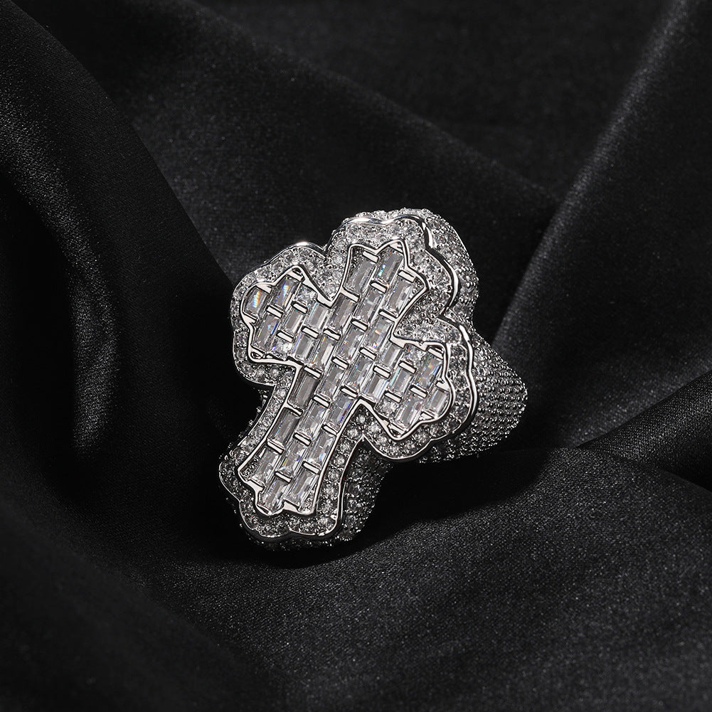 Iced Out Diamond Baguette Cross Pinky Ring Cubic Zirconia Punky Hip Hop Rapper Style Band Ring Jewelry Gift for Men Women