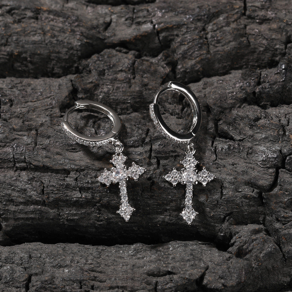 Cross Hoop Dangle Earrings 14K Gold Plated 5A+ Cubic Zirconia Cartilage Hypoallergenic Sterling Silver Cross Dangle Drop Earrings For Men Women