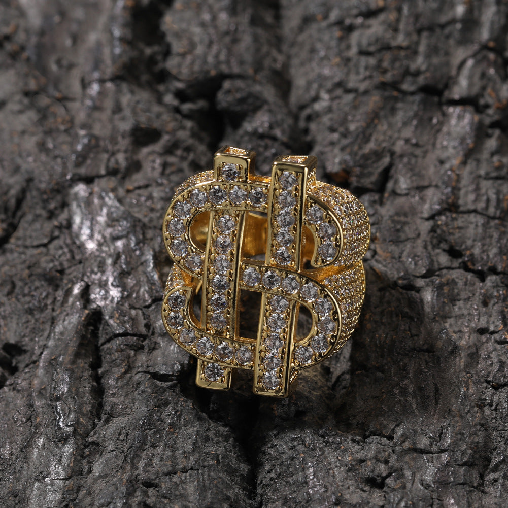 Hip Hop Dollar Sign Ring for Men, Iced Out Cubic Zirconia Ring, Punk Rock Style