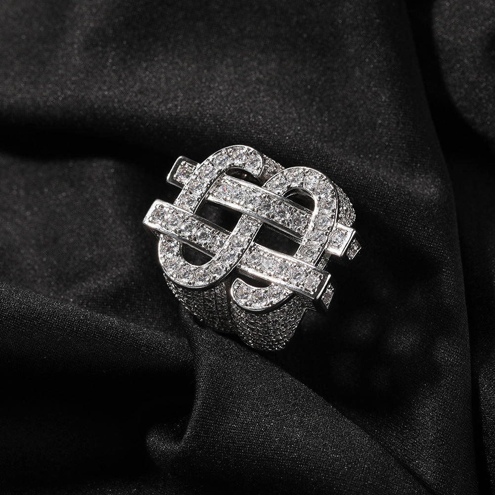 Hip Hop Dollar Sign Ring for Men, Iced Out Cubic Zirconia Ring, Punk Rock Style