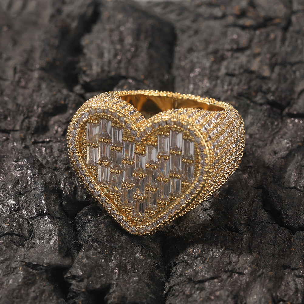 Iced Out Baguette Cz Diamond Heart Ring Jewelry, All Match Bling Bling Dainty Gold Pinky Ring Party Rose Gold Love Women Luxury Jewelry