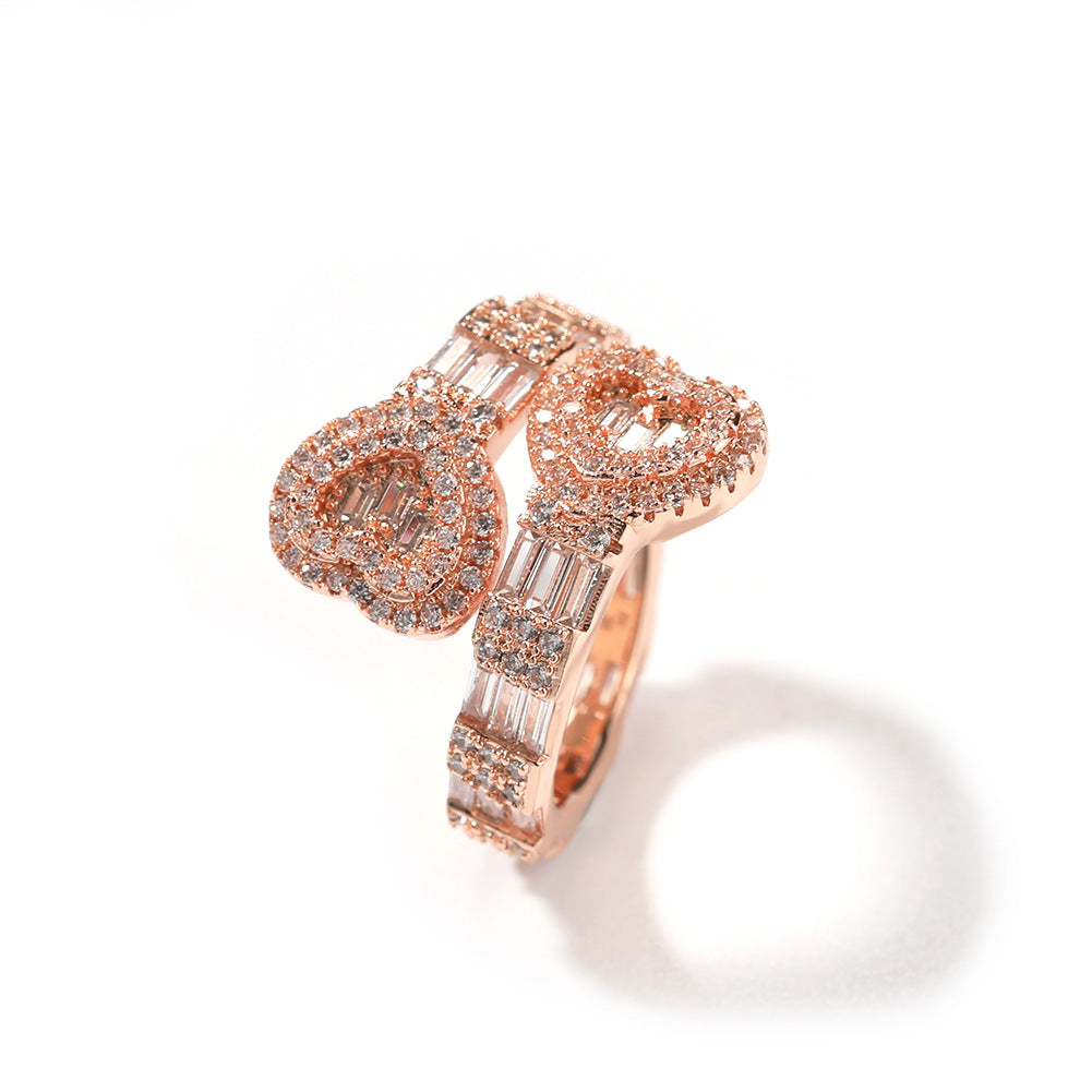 Iced Out Jewelry Baguette Cz Adjustable Heart Ring, All Match Bling Bling Dainty Gold Pinky Ring Party Rose Gold Love Men Women Luxury Jewelry