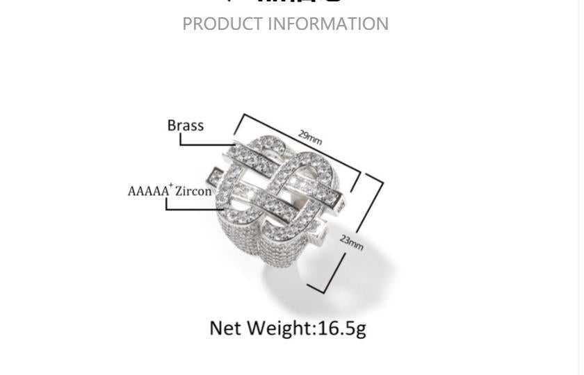 Hip Hop Dollar Sign Ring for Men, Iced Out Cubic Zirconia Ring, Punk Rock Style