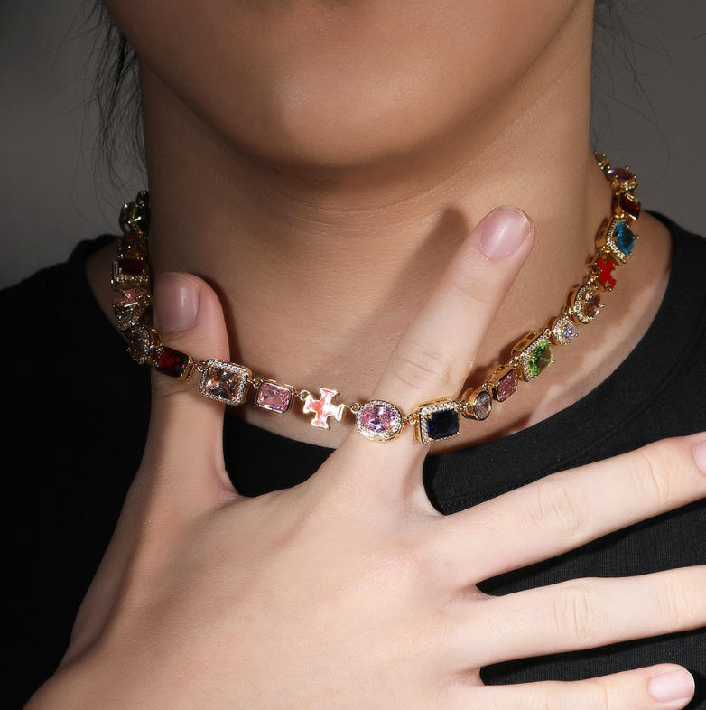 Tennis Necklaces for Men, Dainty 18K Gold Plated Diamond Tennis Choker Necklace Cubic Zirconia Chain with Emerald, Ruby, and Aquamarine Gemstones for Men Bride Birthday Wedding Valentine's Day Gifts